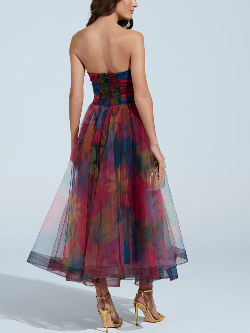 Elegant Fantasy Tulle Floral Print Midi Dress