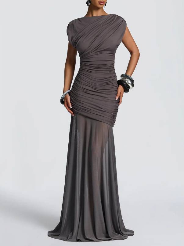 Pleated Design Spliced See-through Skirt Maxi Dress