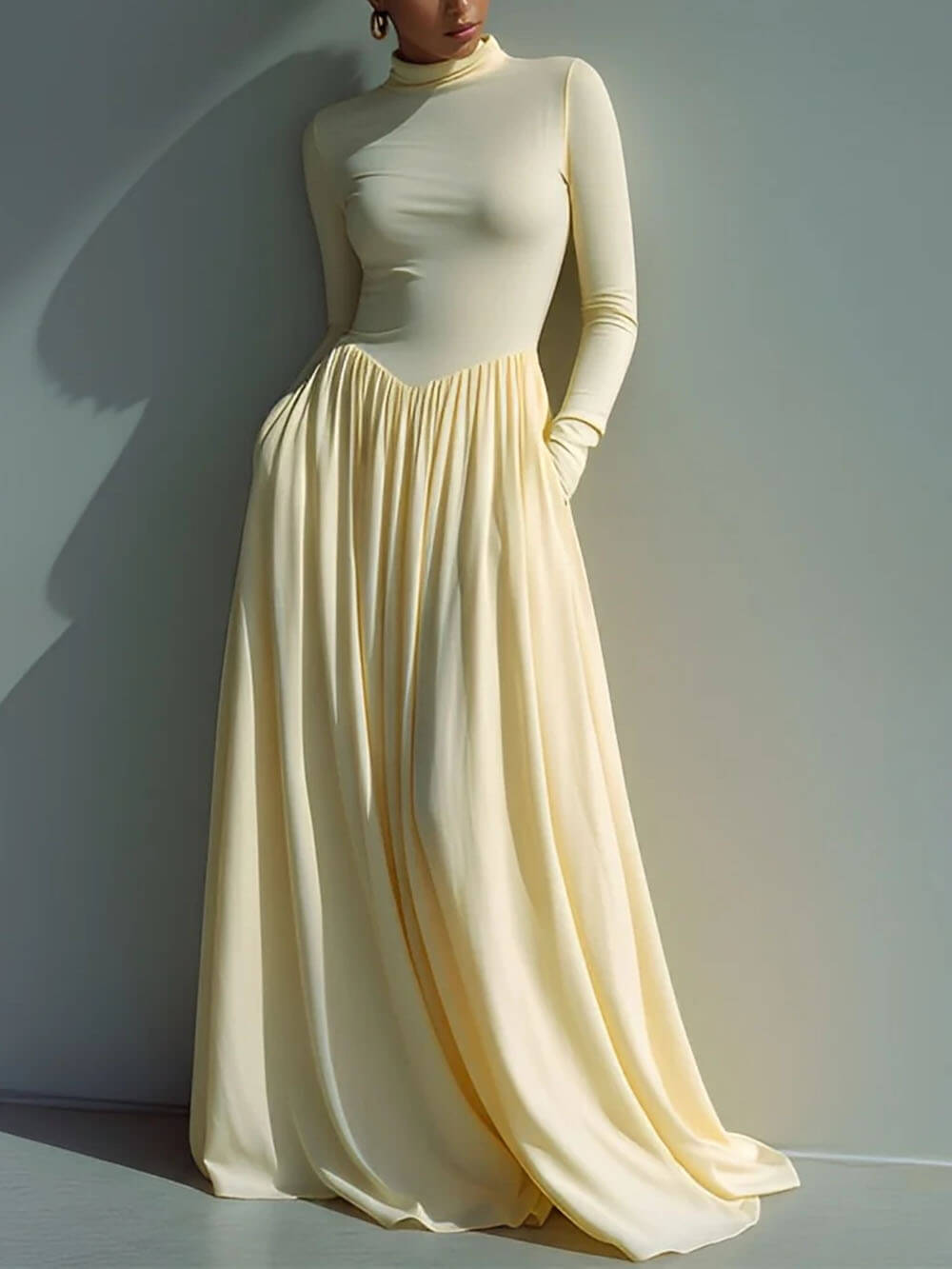 Exquisite Turtleneck Pleated Pocket Maxi Dress