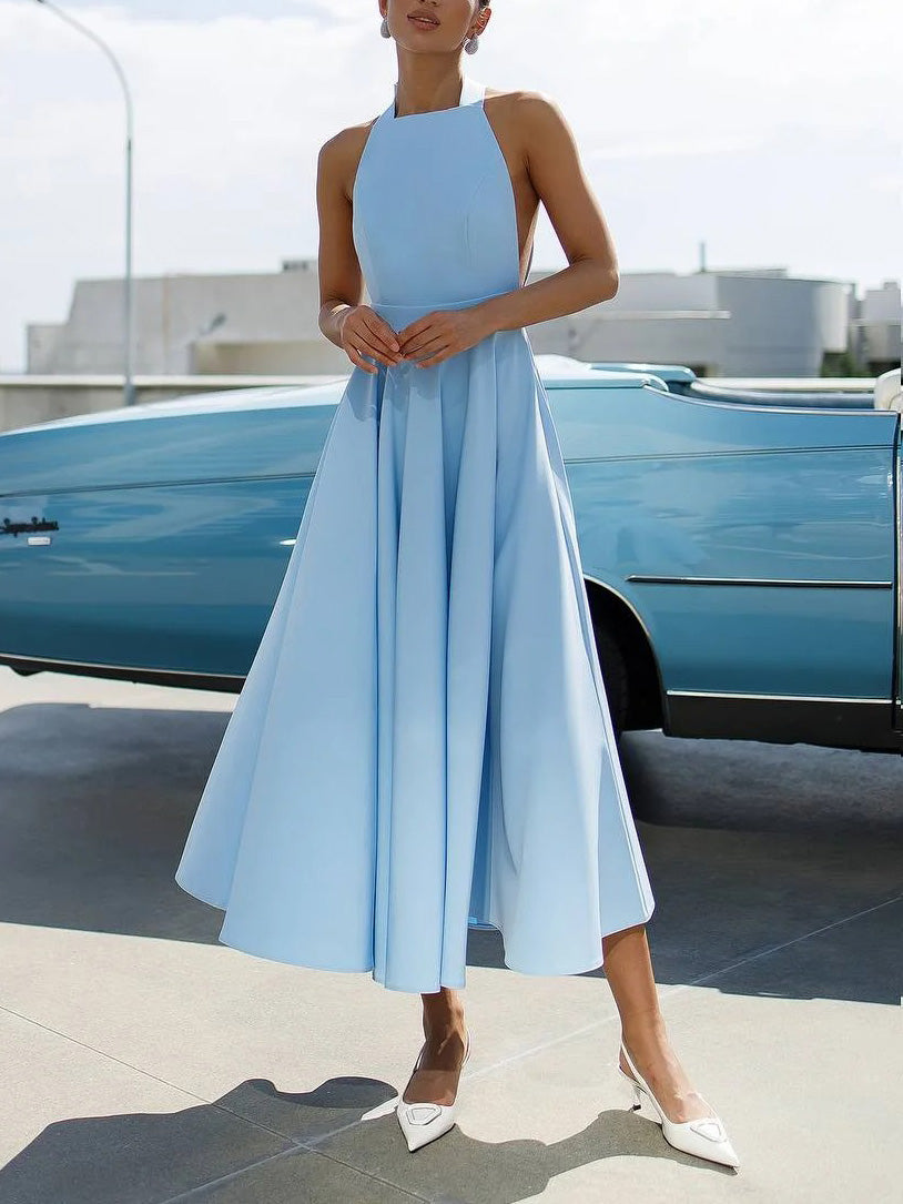 Elegant Halter Neck A-Line Midi Dress