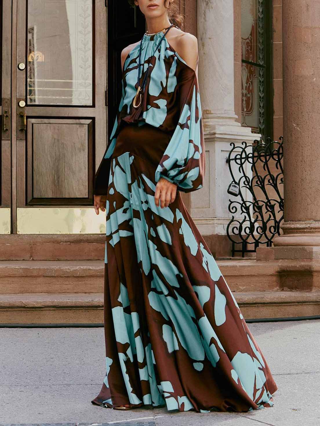 Elegant Cold Shoulder Abstract Print Maxi Dress