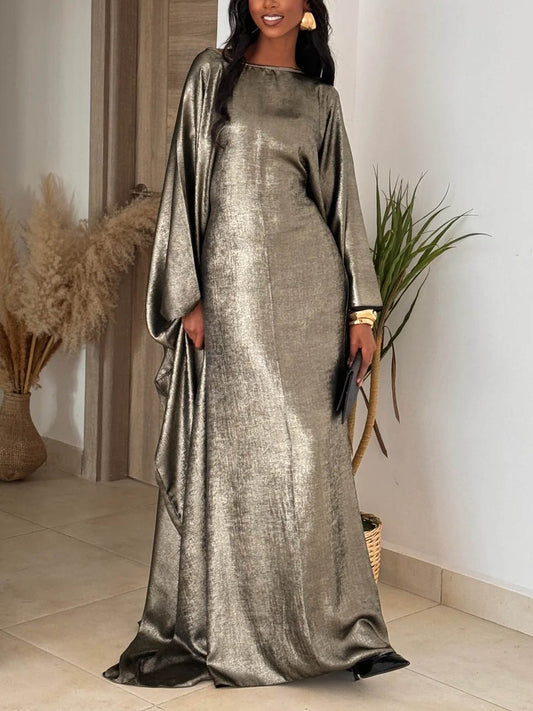 Elegant Metallic Draped Batwing Cape Maxi Dress