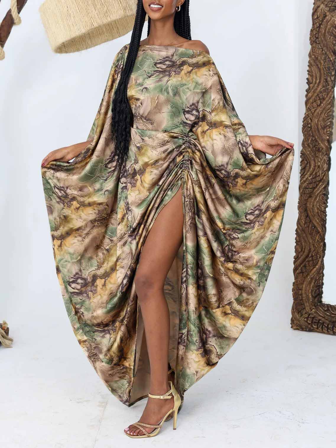 Elegant Satin Tie-dye Print Batwing Sleeve Maxi Dress