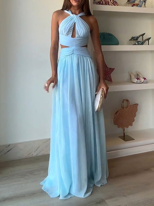 Elegant Halter Twist Front Cutout Pleated Maxi Dress