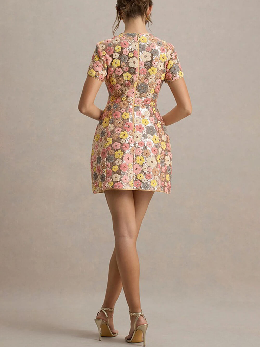 Retro 80's Inspired Floral Print Sequin Short Sleeve Stretch Mini Dress