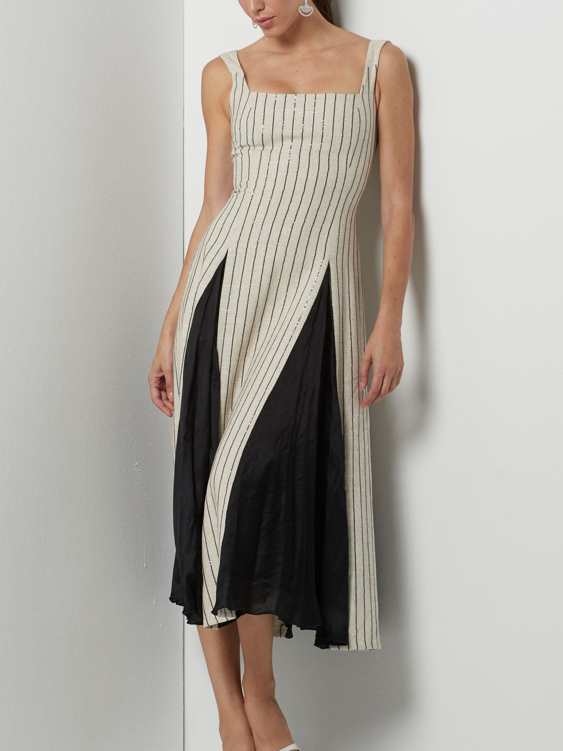 Elegant Pinstripe Paneled Flared Maxi Dress