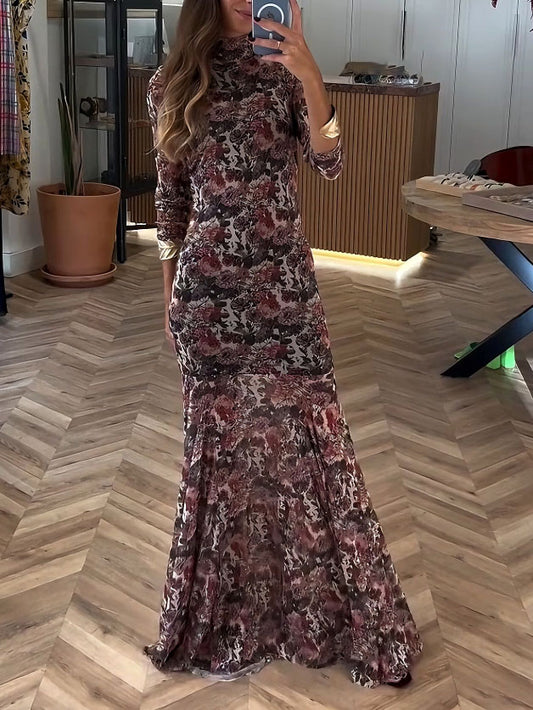 Elegant Floral Mesh Print Long-sleeved Maxi Dress