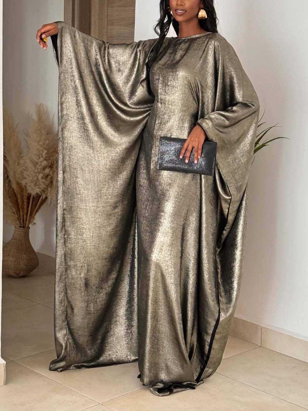 Elegant Metallic Draped Batwing Cape Maxi Dress