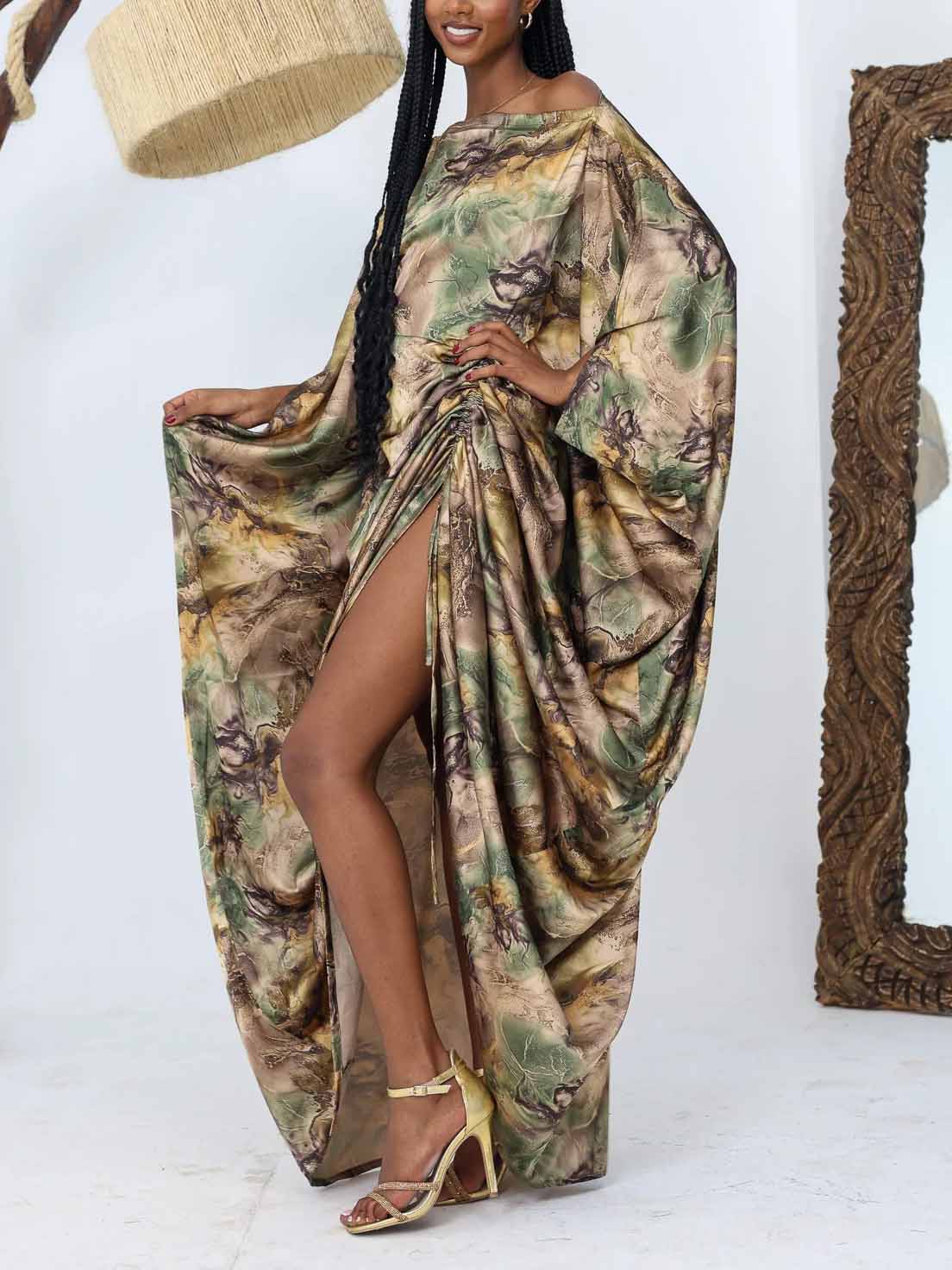 Elegant Satin Tie-dye Print Batwing Sleeve Maxi Dress