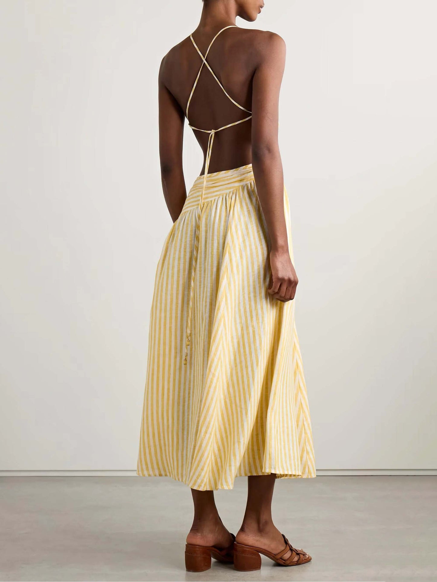 Exquisite Casual Hollow Pleated Striped Print Midi Dress