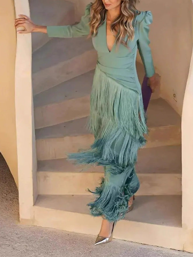 Elegant Tassel V-Neck Long Sleeve Maxi Dress