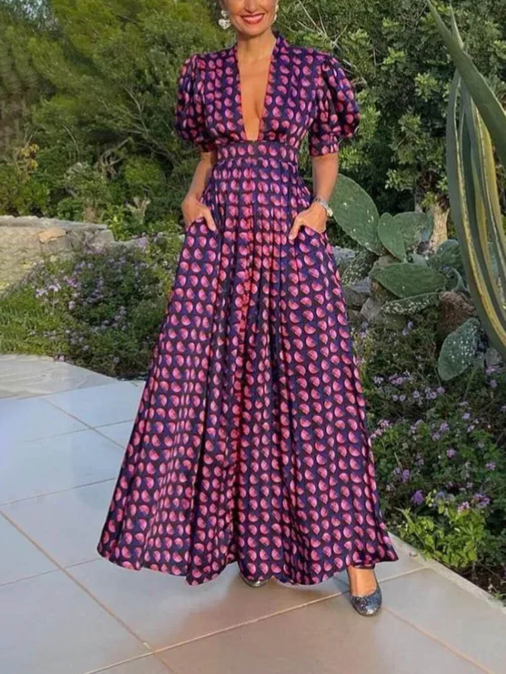 Retro Floral Printed Puff Sleeve Loose A-Line Maxi Dress