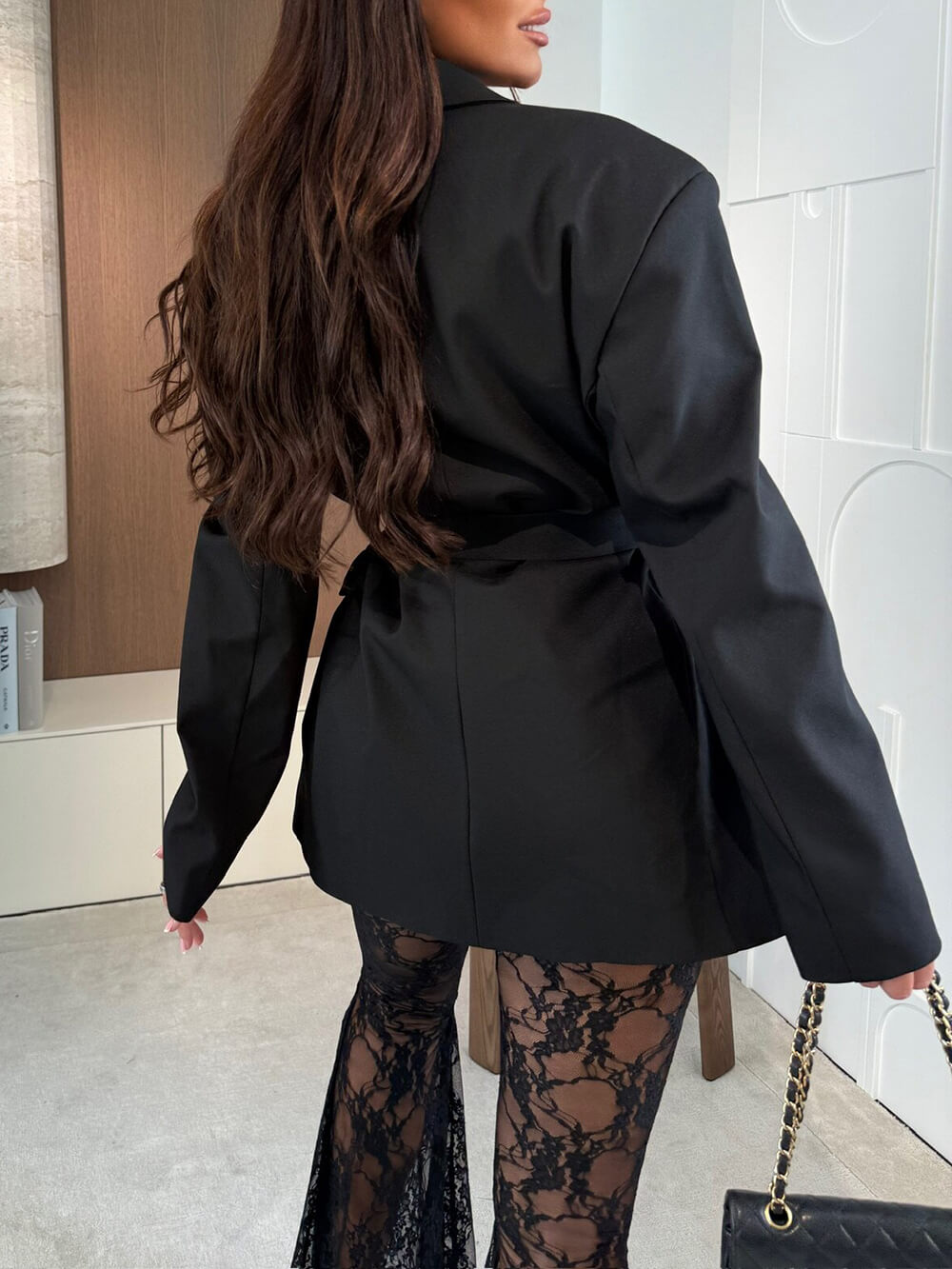 Fashion Lapel Long-Sleeve Belted Pockets Oversized Blazer
