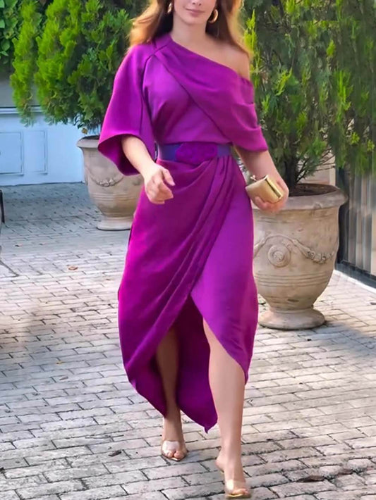 Exquisite Satin Irregular Lapel Neckline Design Ruched Maxi Dress