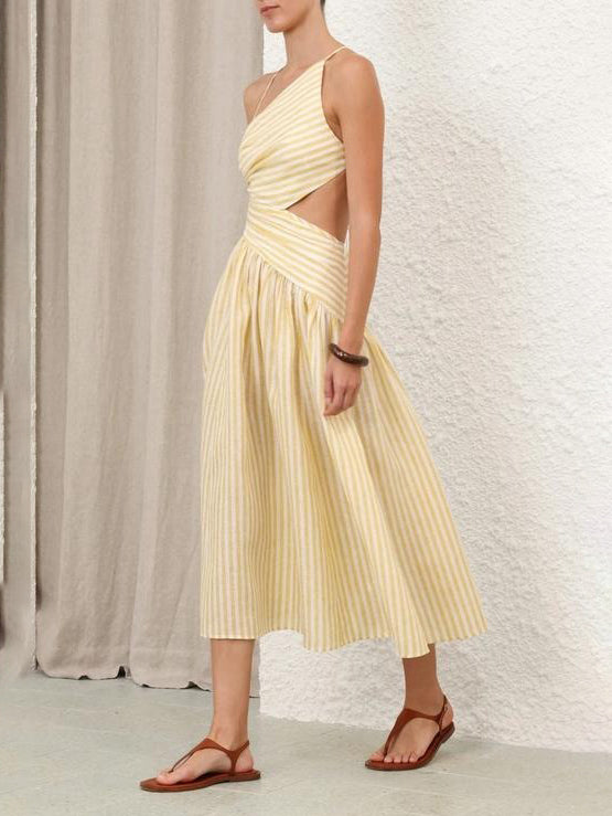 Exquisite Casual Hollow Pleated Striped Print Midi Dress
