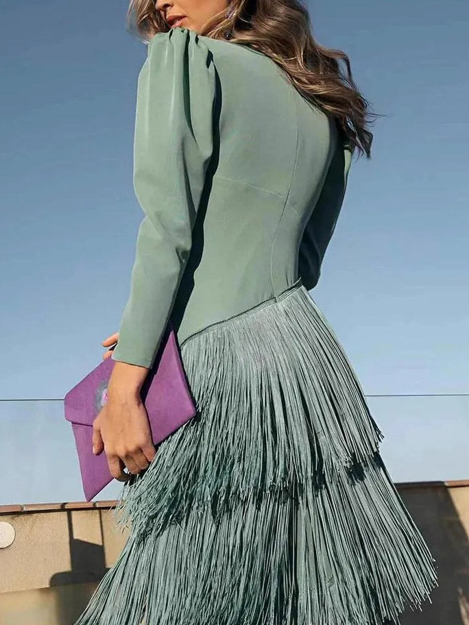Elegant Tassel V-Neck Long Sleeve Maxi Dress