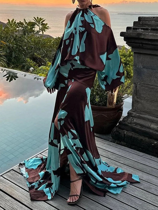 Elegant Cold Shoulder Abstract Print Maxi Dress
