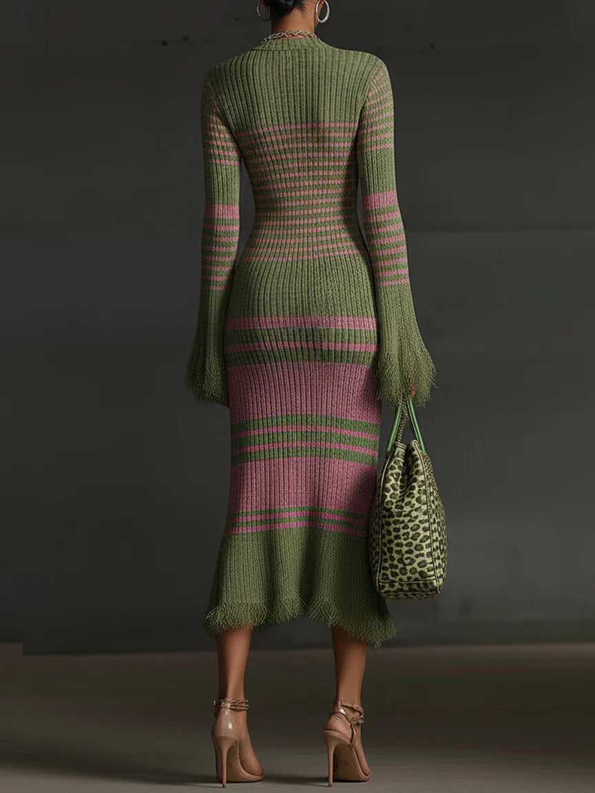 Retro Irregular Striped Tassel Knitted Midi Dress