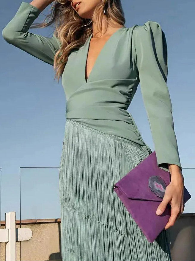 Elegant Tassel V-Neck Long Sleeve Maxi Dress