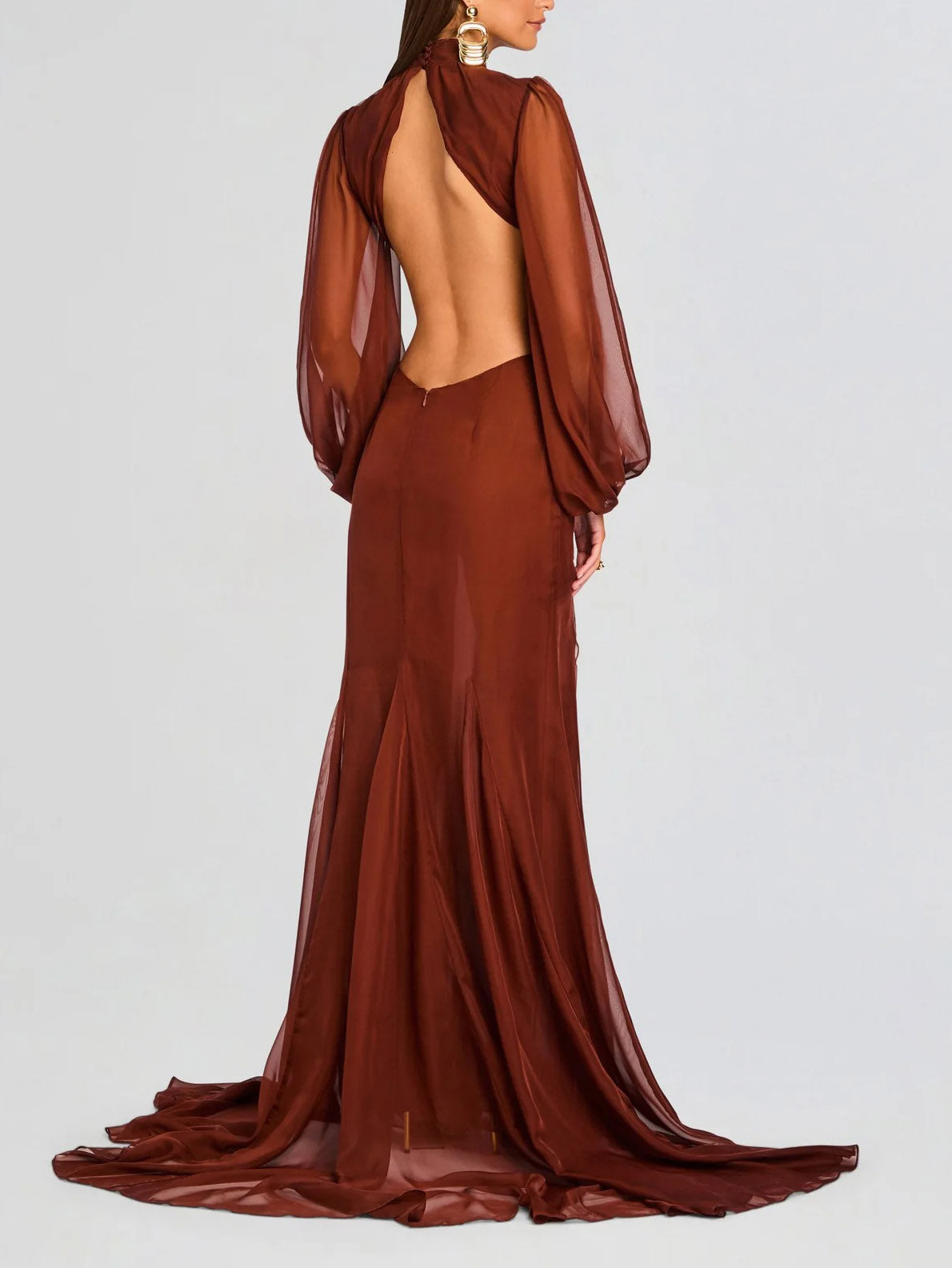 Elegant Cutout High-Neck Long-Sleeved Ruffled Maxi Dress