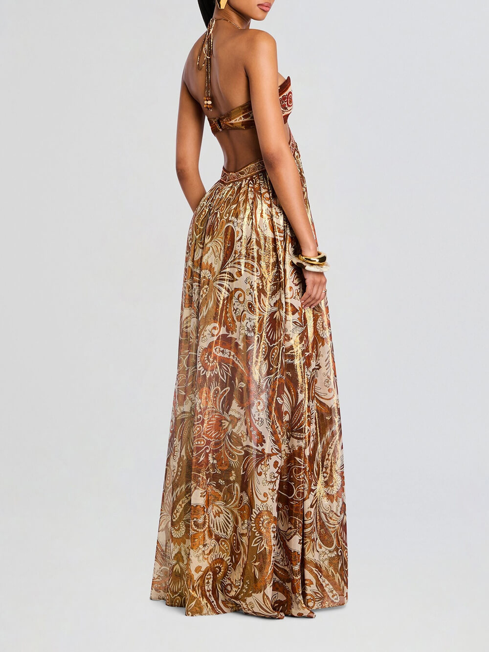 Elegant Hollow Print Halter Neck Backless Maxi Dress
