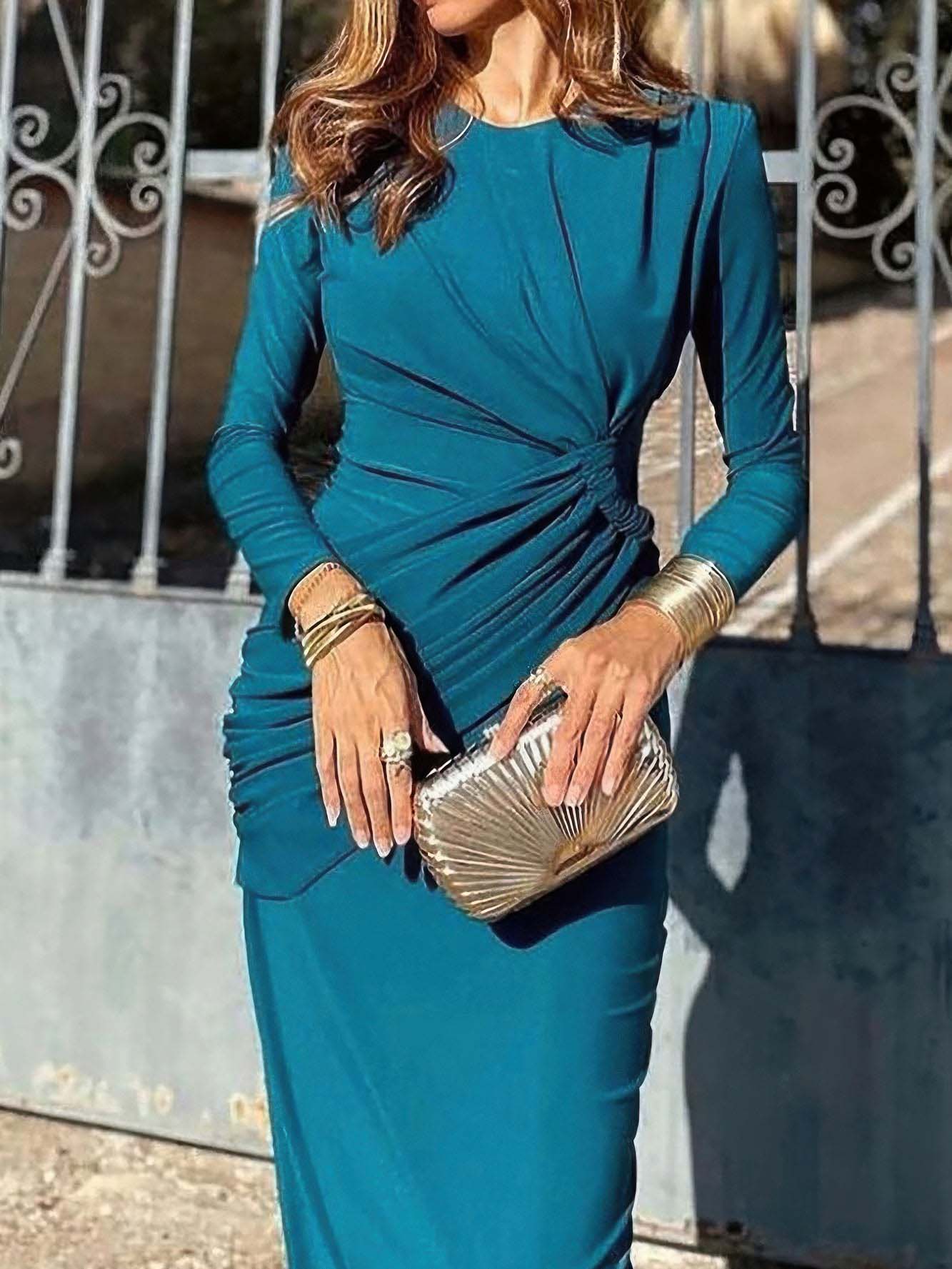 Elegant Crew Neck Pleated Wrap Hem Maxi Dress