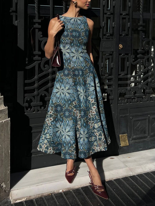 Retro Ethnic Print A-Line Midi Dress
