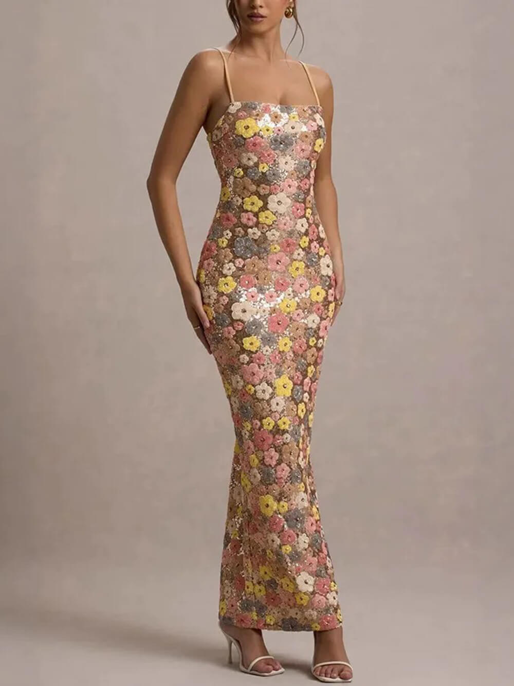 Retro Inspired Floral Print Sequin Square Neck Slip Stretch Maxi Dress