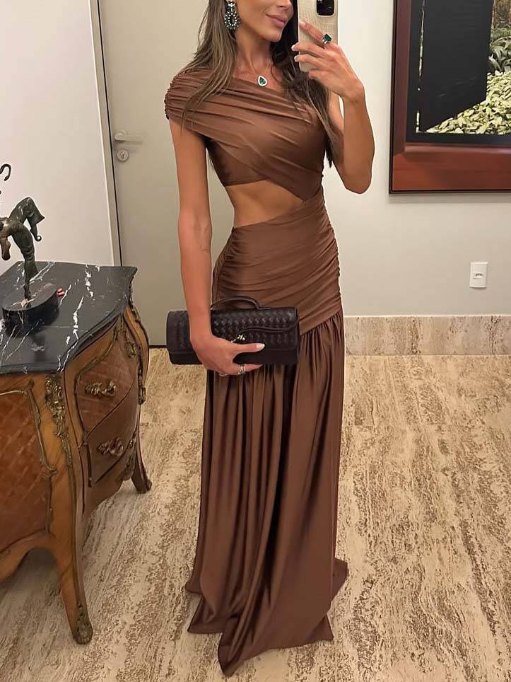 Unique Off-shoulder Waist Hollow Maxi Dress