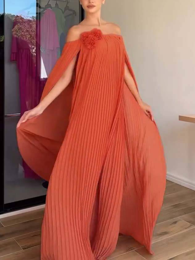 Flower Design Shawl Pleated Maxi Dress