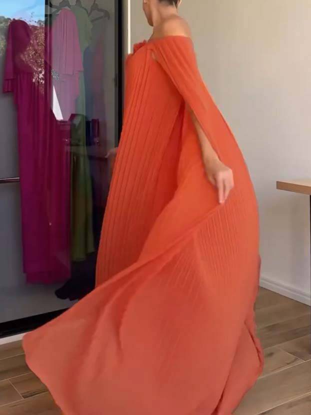 Flower Design Shawl Pleated Maxi Dress