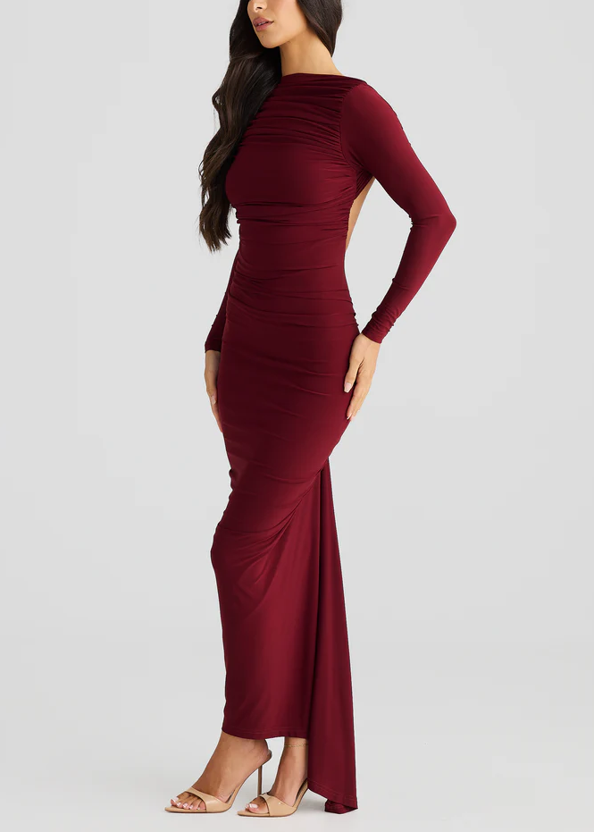 Sexy Slim Solid Color Long Sleeve Temperament One-Step Maxi Dress