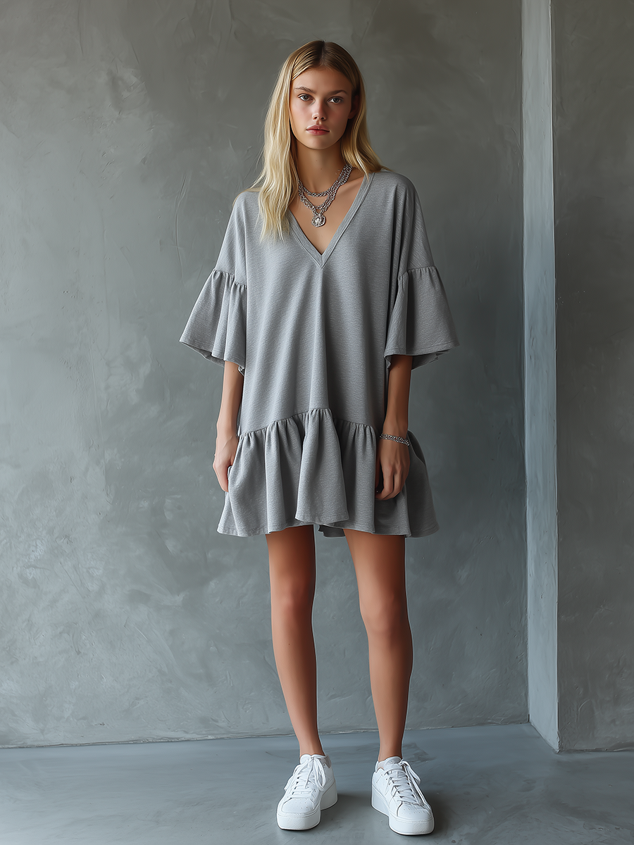 Women's Minimalist Gray Ruffled V-neck Mini Dress