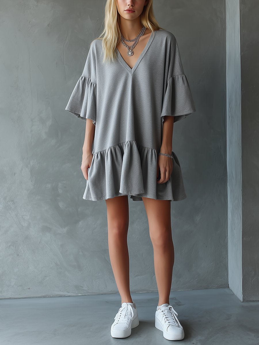 Women's Minimalist Gray Ruffled V-neck Mini Dress