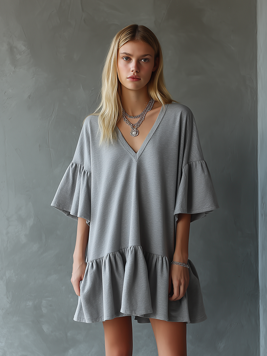 Women's Minimalist Gray Ruffled V-neck Mini Dress
