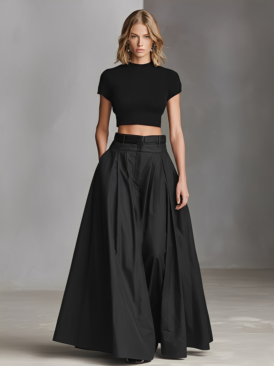Women's Black Stretch-Knit & Woven Set With Cropped Top & Maxi Dress, Timeless Sleek-Chic Style Set (without Belt)