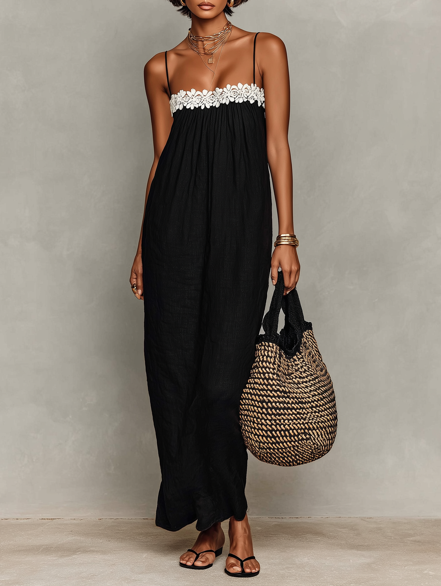 Women's Minimalist Linen-Blend Lace-Paneled Strapless With Spaghetti Straps Maxi Dress