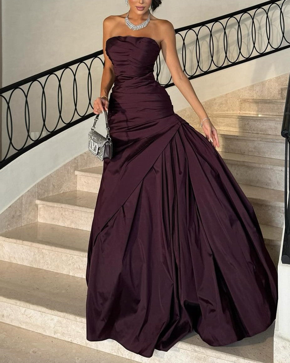 Sexy Cold-Shoulder Sleeveless Tube Top Solid Color Evening Maxi Dress