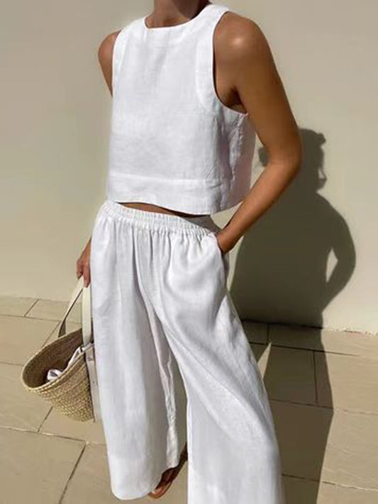 Solid Color Round-Neck Sleeveless Vest + Elasticity Wide Leg Pants Two Pieces Set