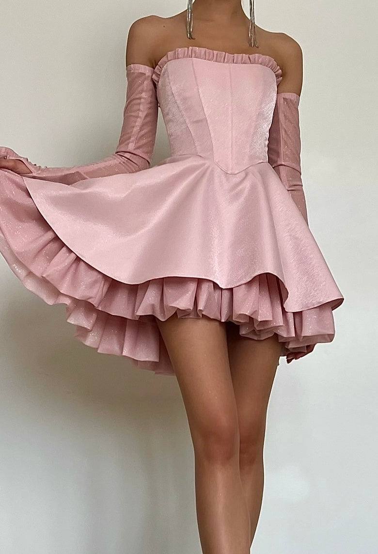 Tube Top Wooden Ear Multi-Layer Lotus Leaf Mini Dress