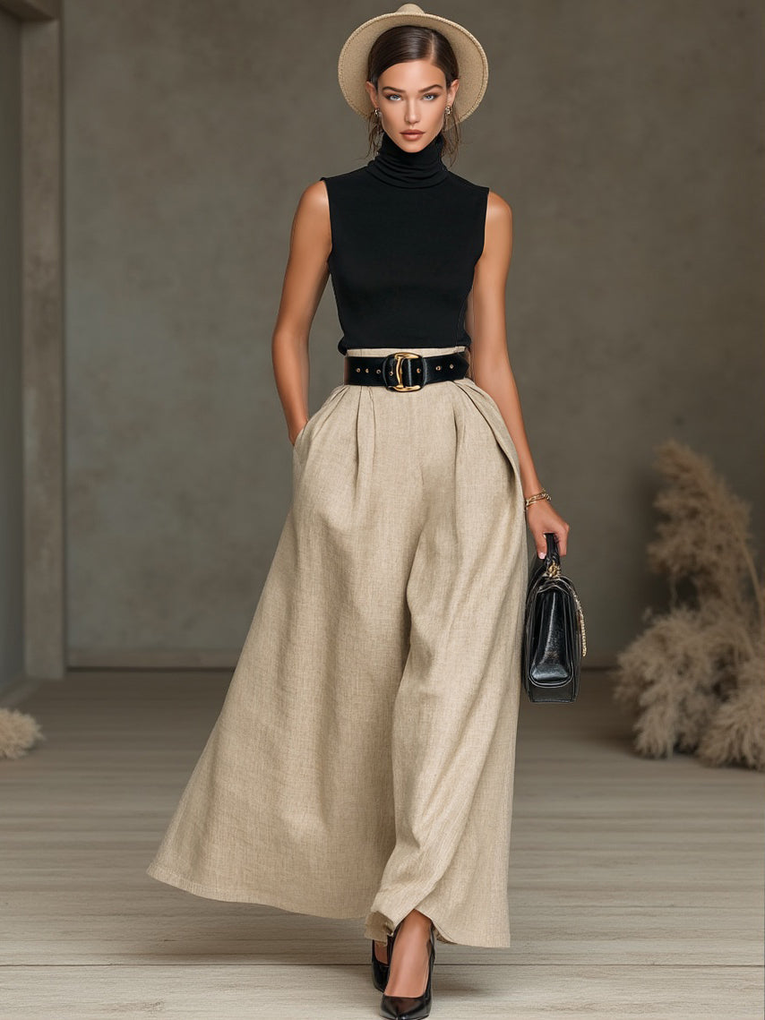 Women's Elegant Black Knitted Stretch High-neck Sleeveless Top Paired With Wide-leg Cotton And Linen Trousers (belt Not Included)