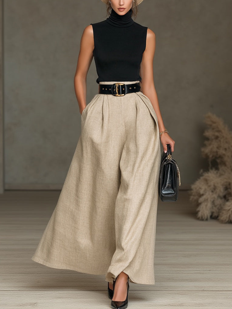Women's Elegant Black Knitted Stretch High-neck Sleeveless Top Paired With Wide-leg Cotton And Linen Trousers (belt Not Included)