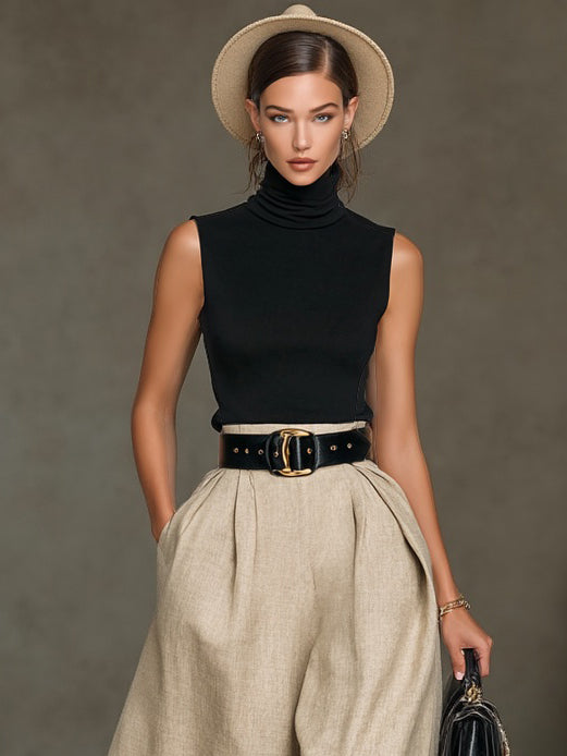 Women's Elegant Black Knitted Stretch High-neck Sleeveless Top Paired With Wide-leg Cotton And Linen Trousers (belt Not Included)