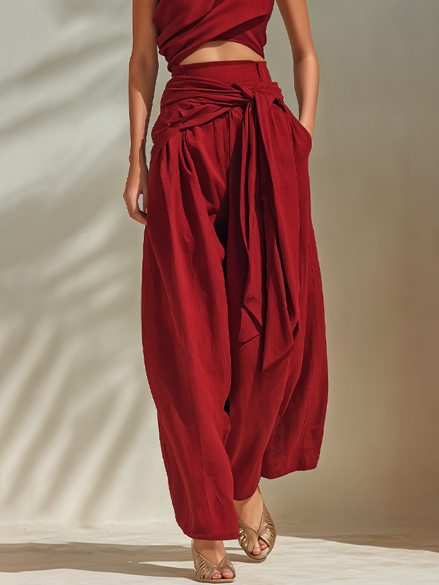Women's Red Textured Fabric Set With One-Shoulder Crop Top & Draped Waist Detail, Timeless Resort-Chic Style Set