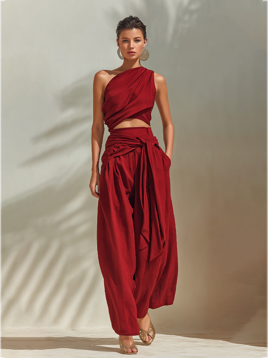 Women's Red Textured Fabric Set With One-Shoulder Crop Top & Draped Waist Detail, Timeless Resort-Chic Style Set