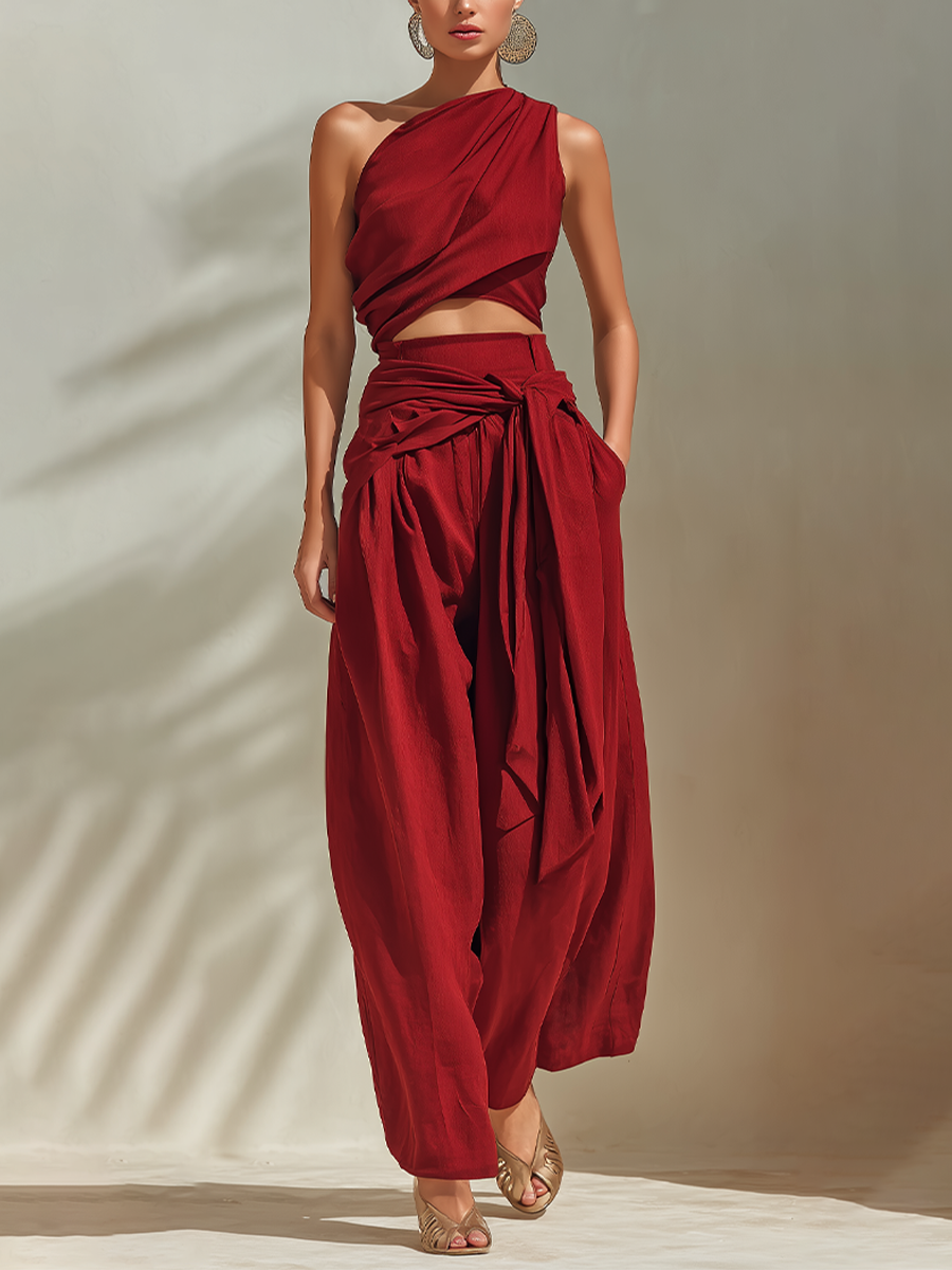 Women's Red Textured Fabric Set With One-Shoulder Crop Top & Draped Waist Detail, Timeless Resort-Chic Style Set