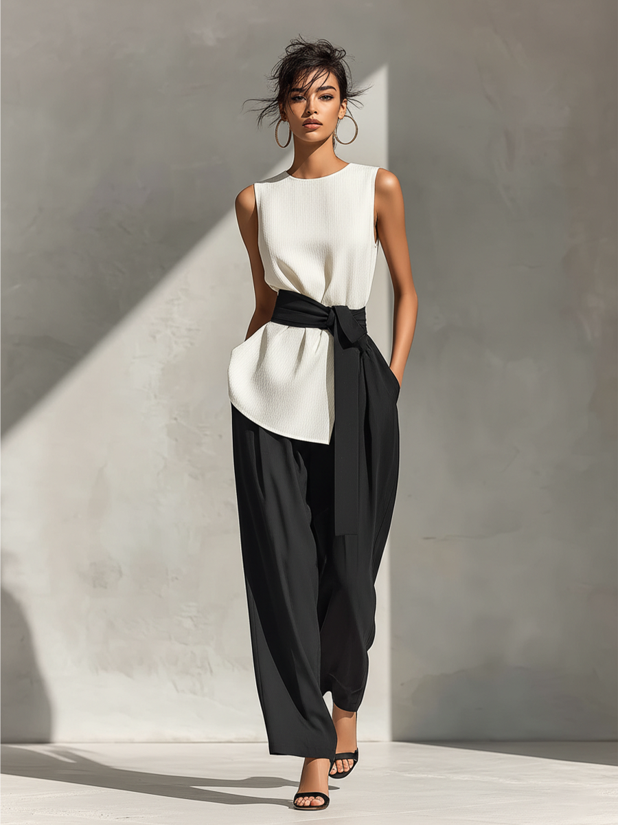 Women's White Sleeveless Top & Black Wide-Leg Pants Two-Piece Set With Contrast Belt