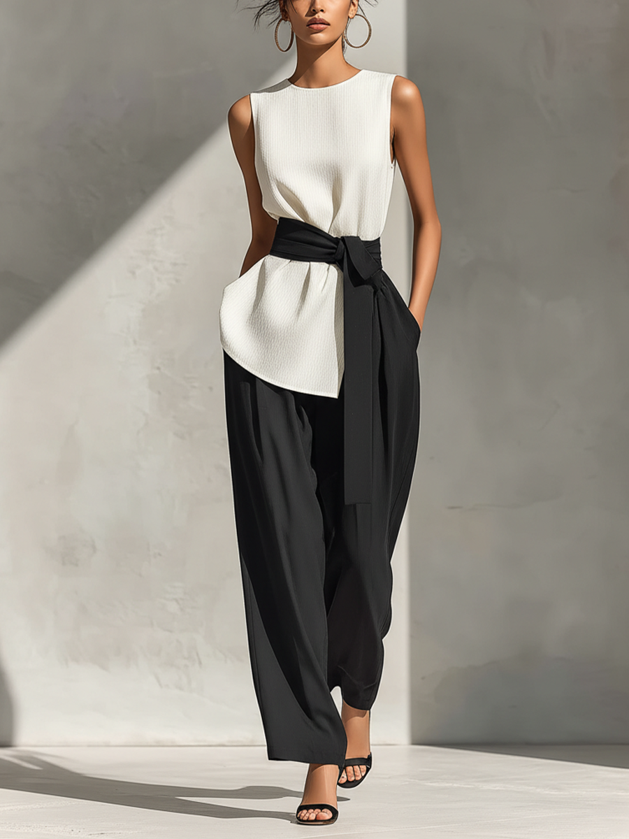 Women's White Sleeveless Top & Black Wide-Leg Pants Two-Piece Set With Contrast Belt