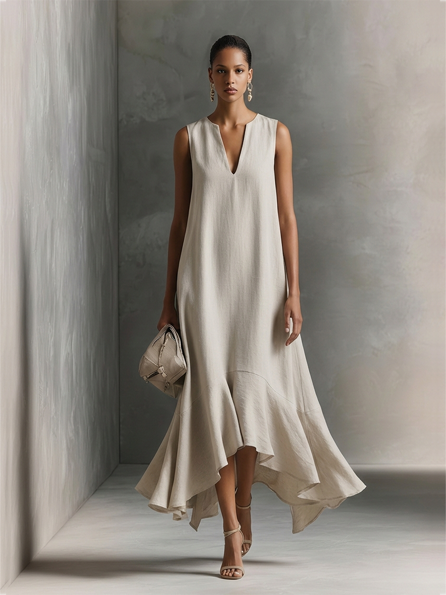 Women's Beige Cotton Dress With Split V-Neck & Asymmetric Ruffle Hem, Timeless Minimalist-Elegant Style Dress