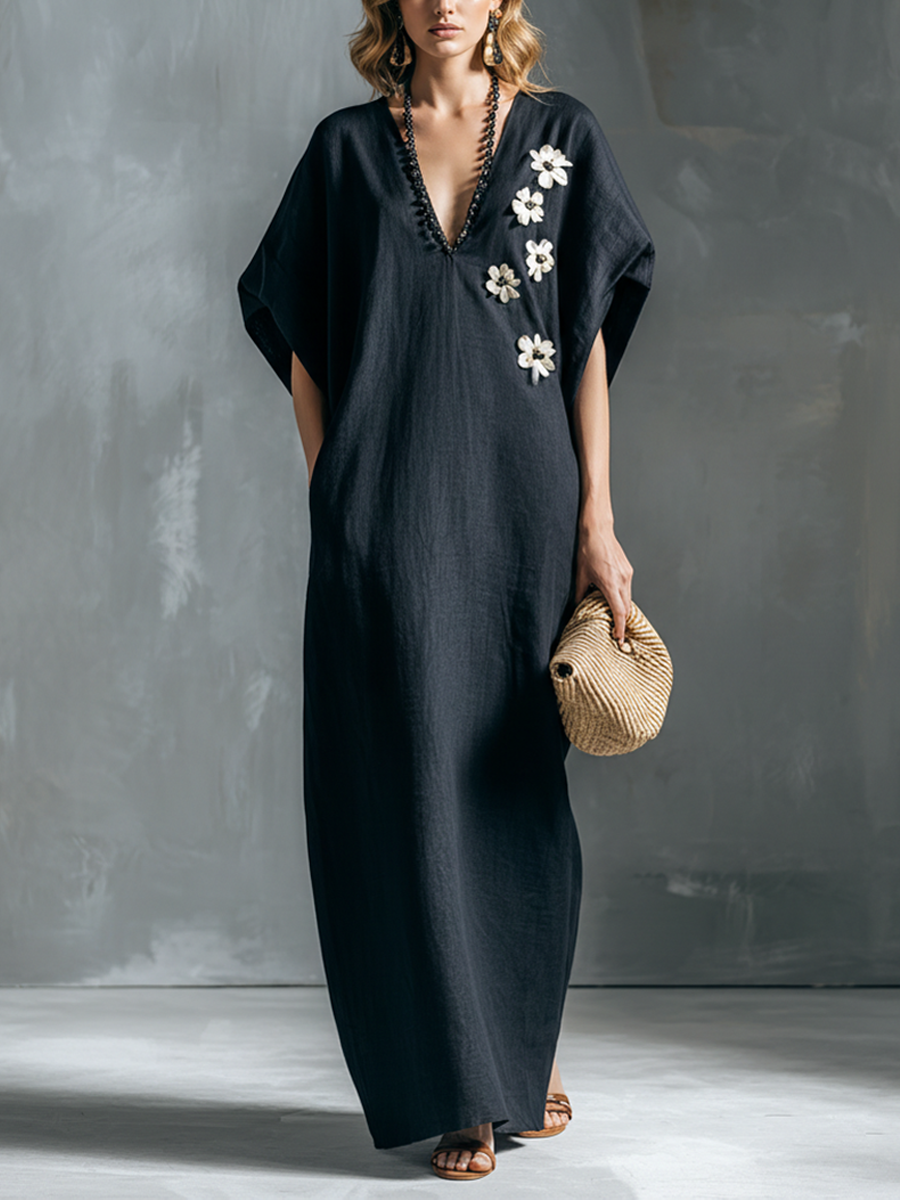 Women's Fashionable Navy Blue Cotton Linen V-Neck Short-Sleeved Side-Slit Long Dress